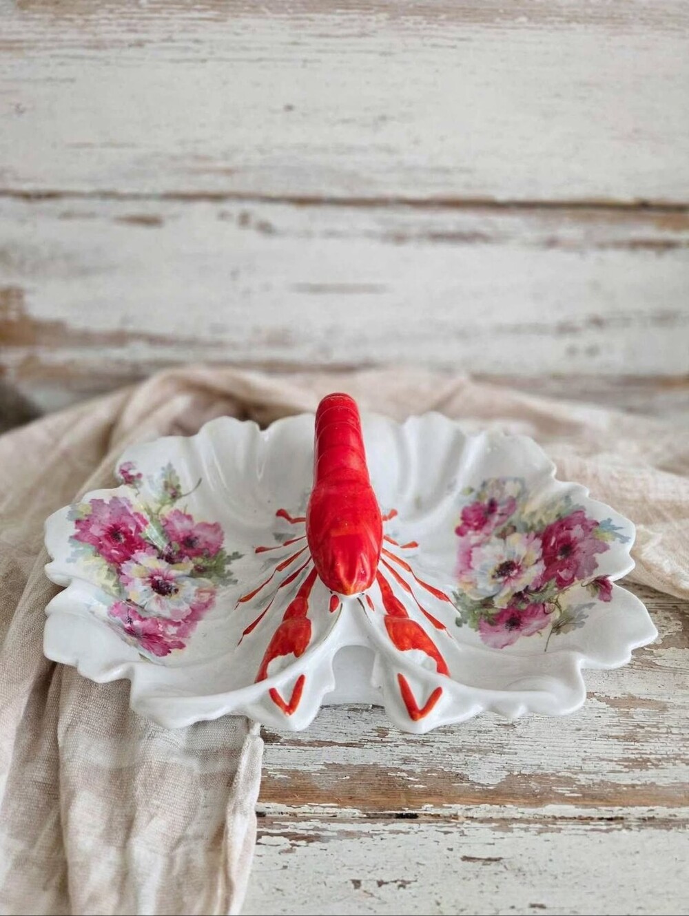 Antique Floral Porcelain 3D Lobster Divided Dish